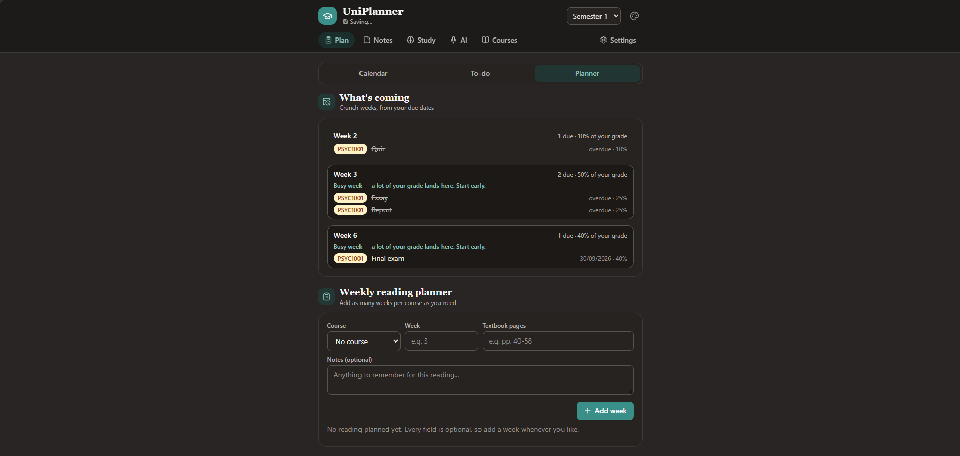 UniPlanner running in a desktop browser window, showing the planner with the weeks ahead.