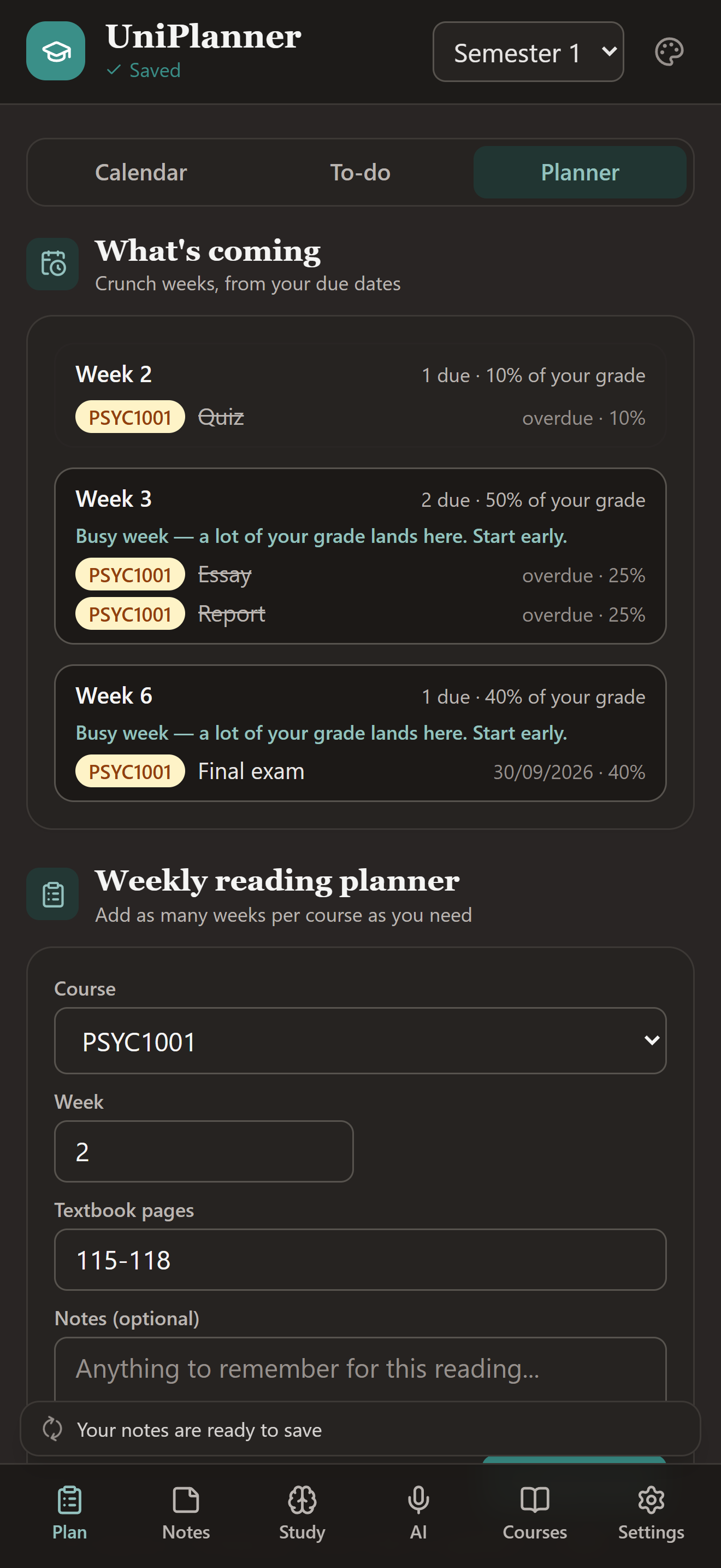 The Plan tab on a phone: Upcoming lists Week 2, Week 3 and Week 6 with a busy-week warning, and the weekly reading planner sits below it.