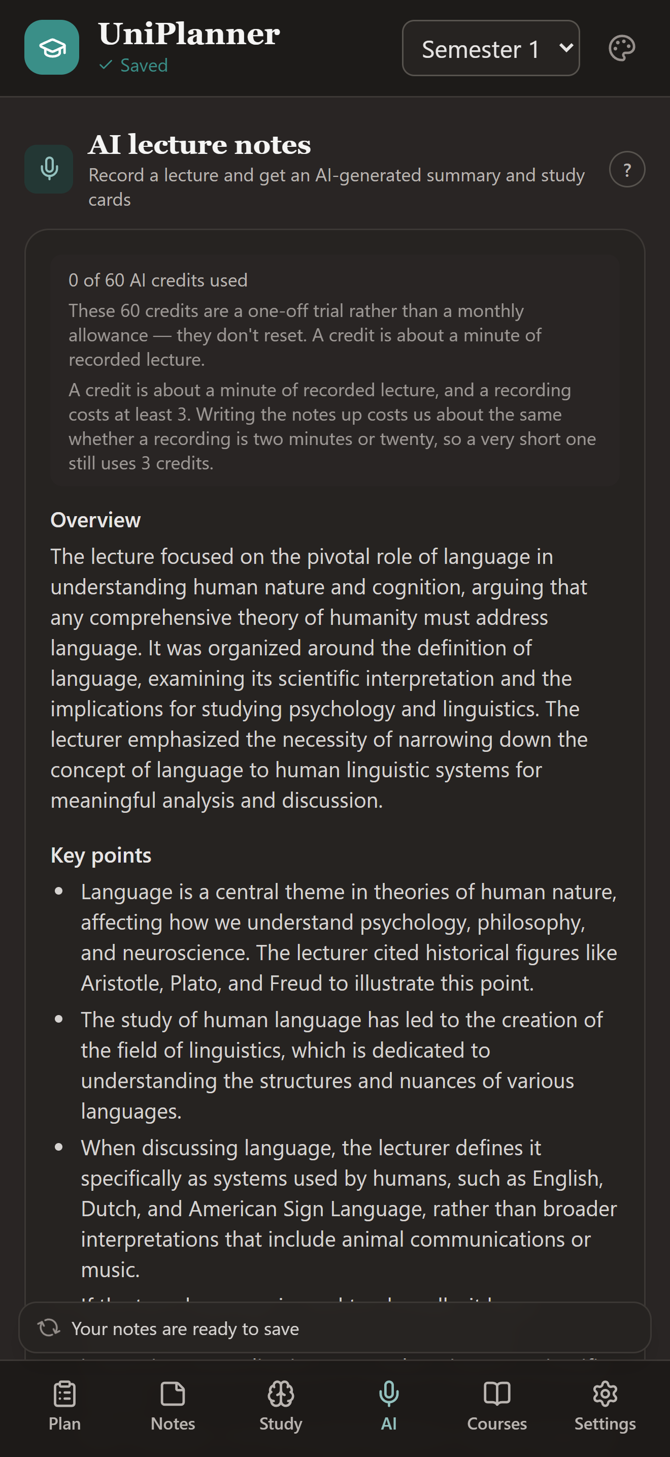 An AI lecture note on a phone: an overview paragraph followed by key points, each several sentences long, written from a recorded lecture.